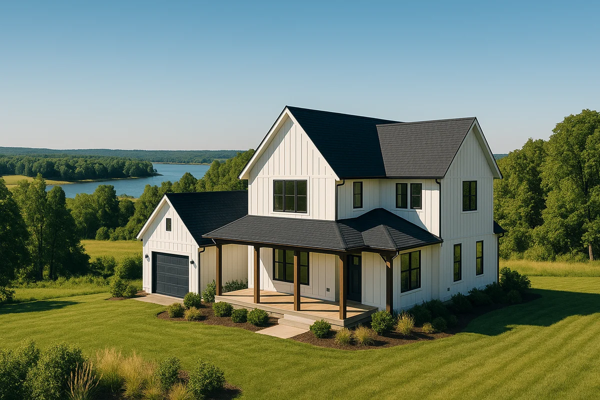 A modern farmhouse in a lush green landscape, ideal for family vacations and corporate retreats near Shamirpet