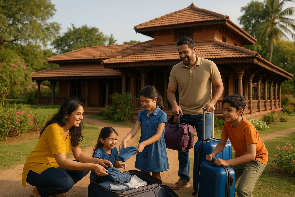 Family unpacking bags outside a Manduva farmhouse surrounded by greenery and flowers on a sunny day