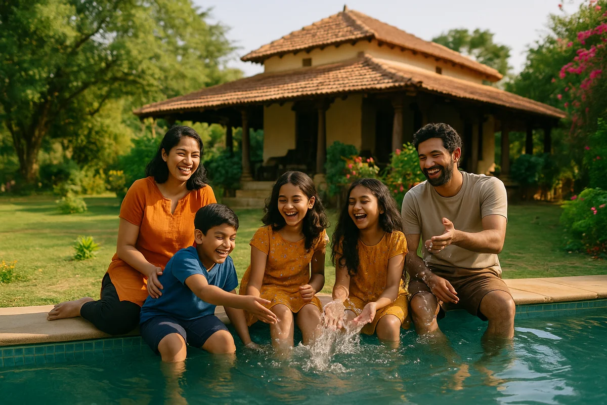 Family enjoying a sunny day by the pool at a traditional Manduva farmhouse in Telangana