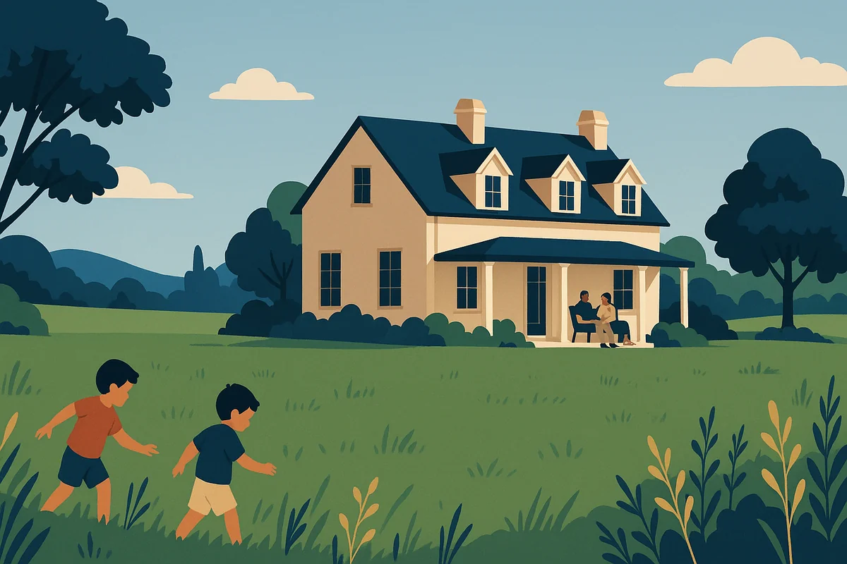A luxurious farmhouse in a green field with families exploring nature and relaxing outdoors