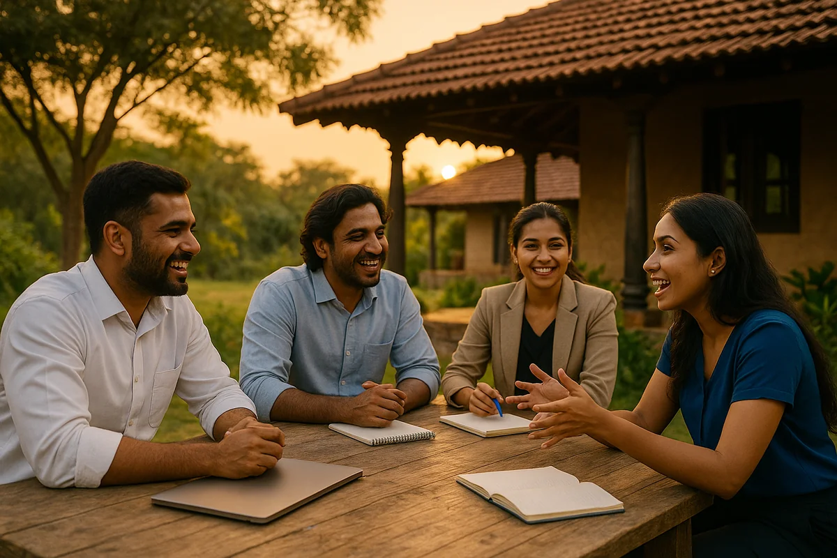 Professionals brainstorming outside a rustic Manduva farmhouse under a warm sunset