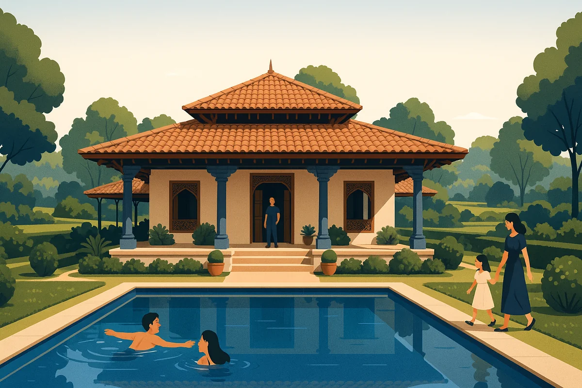 Luxurious Manduva-style farmhouse with a swimming pool and guests enjoying outdoor activities in lush greenery